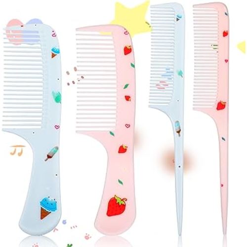 4Pcs Toddler Comb Set, Small Cute Fine Tooth Comb & Rat Tail Comb for Kids Styling, Mini Hair Comb Plastic Parting Combs, Anti-Static Hairdressing Comb for Baby Girl Wet Dry Hair (Pink Blue)