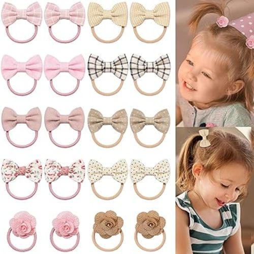 20Pcs Boutique Baby Girl Hair Ties with Flowers Bow, Hair Bow Ties for Toddler Girls, Elastics Ponytail Holders Pigtails Rubber Bands Hair Accessory