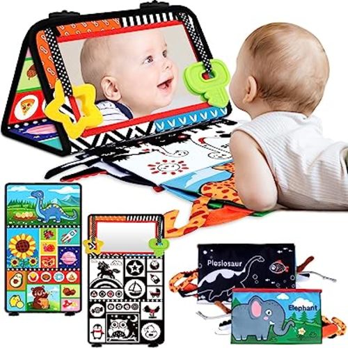 Tummy Time Baby Mirror Toys 0-6 6-12 Months - Montessori Infant Toys Brain Development with Crinkle Cloth Book and Teether - High Contrast Newborn Sensory Toys for Babies Boys Girls Gifts