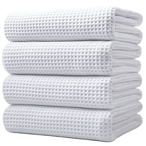 POLYTE Microfiber Oversize Quick Dry Lint Free Bath Towel, 60 x 30 in, 4 Pack (White, Waffle Weave)