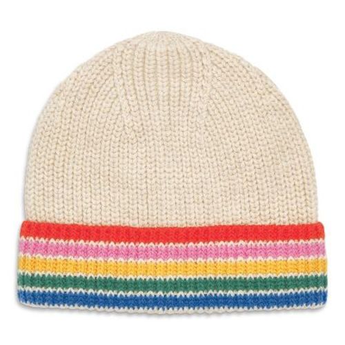 Primary Baby Cotton Beanie In Rainbow Stripe in Heather Sand Rainbow Stripe Size 6-12 Months