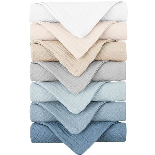 Konssy Baby Muslin Washcloths 7-Pack, 100% Cotton Baby Bath Washcloths, Soft & Absorbent Wash Cloths and Burp Cloths for Newborn Kids Girls & Boys, 11x11 inches