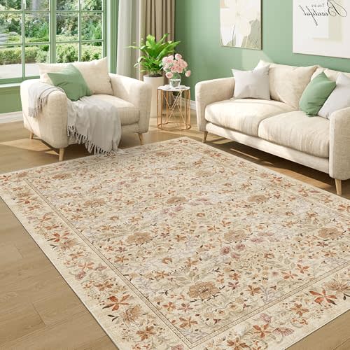 DUKINO 5x7 Area Rugs, Floral Washable Rugs for Bedroom with Non Slip Backing, Vintage Low Pile Indoor Floor Carpets for Bedroom, Living Room, Farmhouse, Home Office, Dining Room, Beige