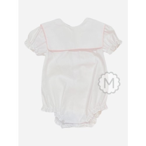 Personalized Girl White with Pink Trim Square Collar Bubble by Rosalina Baby for Infants
