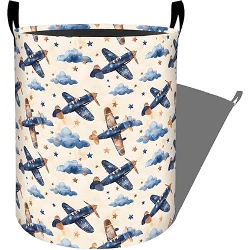 Playful Airplane Laundry Basket with Handles, 19.7"x15.7" Clothes Foldable Starry Cloud Design Laundry Hamper Organizer for Dorm Nursery Bedroom Bathroom Decor, Toy Storage Bin for Kids