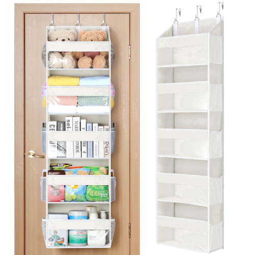 LazySpin Heavy Duty Over the Door Organizer with 5 Tiers & 5 Large Pockets, Hanging Storage Closet Door Organizer with 10 Side Pockets & Clear View for Bathroom, Bedroom, Pantry, Nursery, Off-white