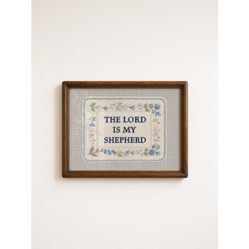 The Lord Is My Shepherd Wall Art, Psalm 23 Christian Print, Blue Floral Scripture Decor, Vintage Embroidered Faith Artwork