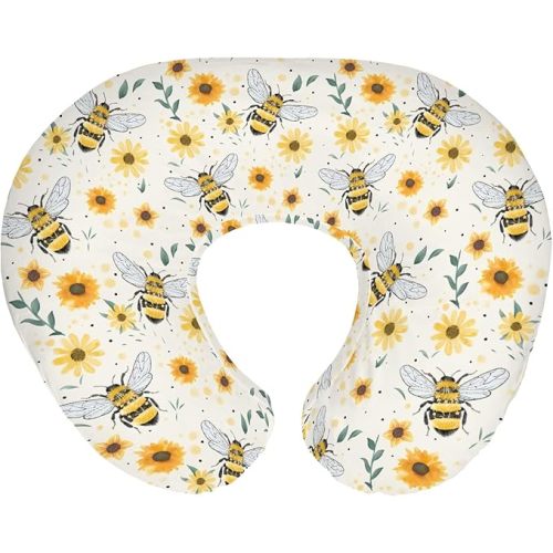 Boho Bees Sunflowers Baby Nursing Pillow Covers for Boy Girl Watercolor Bee Yellow Floral Nursing Pillowcase for Breastfeeding Pillows Spring Summer Soft Stretchy Slipcovers for Newborn Infant