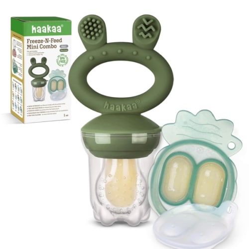 Haakaa Baby Fruit Food Feeder & Mini Freezer Nibble Tray Combo, Breastmilk Popsicle Molds for Cooling Relief, BPA Free Silicone Feeder for Safe Infant Self Feeding, 4 Month+ (Pea Green)