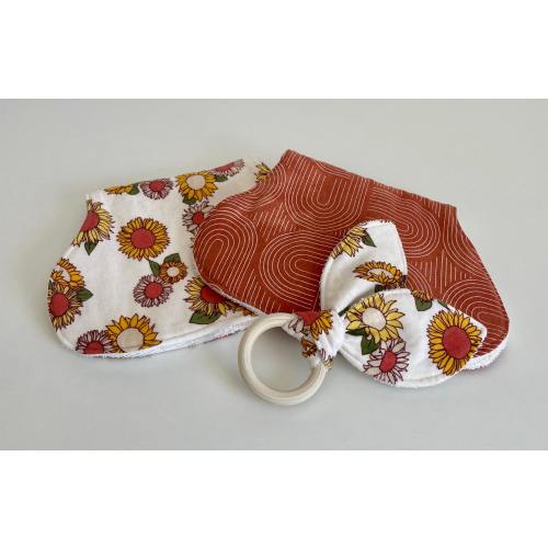 Sunflower Baby Burp Cloth Set: Rainbow Teether, Absorbent Flannel