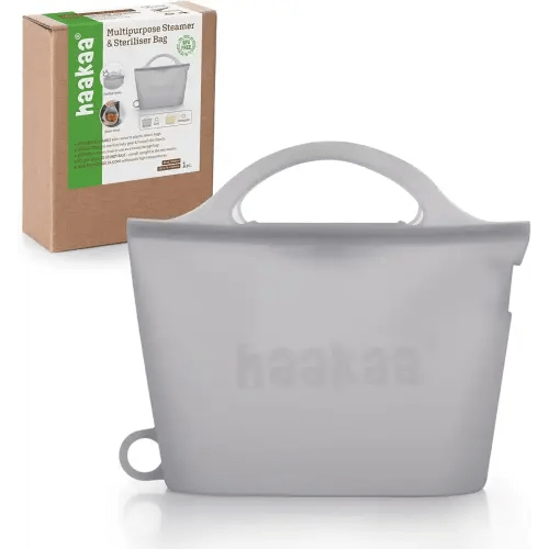 Haakaa On-The-Go Silicone Microwave Steam Sterilizer Bags for Travel, 40oz/1250ml Reusable Silicone Steaming Bags for Baby Bottles, Breast Pump, Accessories, Pacifiers, Teethers,Grey/1PC