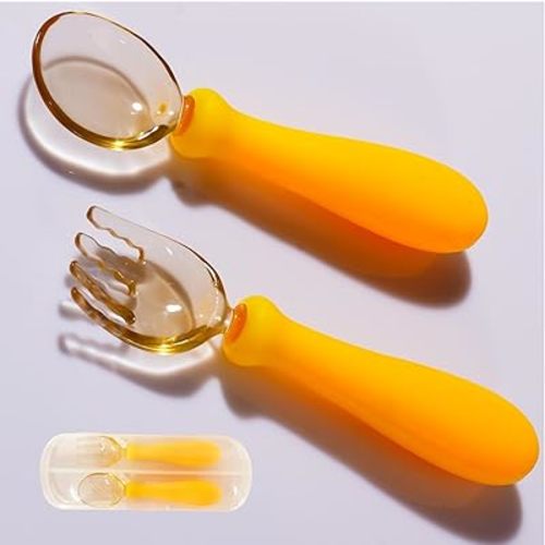 Toddler Spoons and Forks with Bendable Silicone Grip and PPSU Head with Case for Baby Solid Food Self Feeding,the Cutlery Adjustable Handle Easy for Kid First Stage Eating Training Effortlessly
