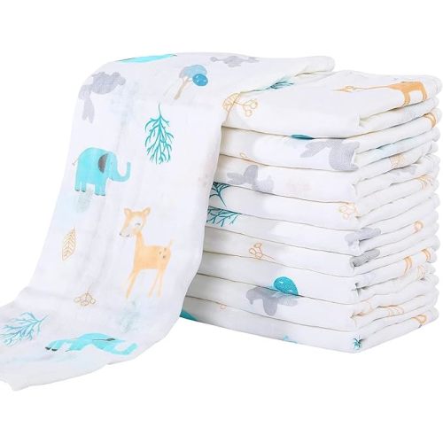 Yoofoss Muslin Burp Cloths for Baby 10 Pack 100% Cotton Baby Washcloths for Boys Girls Large 20''X10'' Super Soft and Absorbent Elephant
