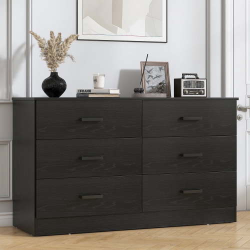 Winkalon BIG HOME 6-Drawer Dresser - Black Wood Storage Cabinet with Pull Out Handles For Bedroom and Living Room