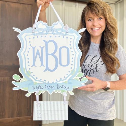 Baby Boy Hospital Door Hanger - Baby Name Sign - Birth Announcement Sign - Birth Stat Sign -  Blue Bow Monogram Crest