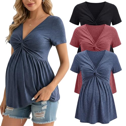 Cutecrop 3 Pack V Neck Front Knotted Maternity Tops Short Sleeve Ruched Pregnancy Tunic Shirts Summer Casual Empire Waist Top