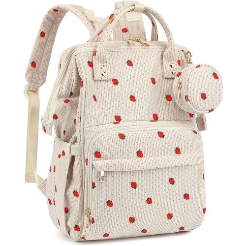 Corduroy Diaper Bag Backpack, Large Capacity Multifunction Baby Diaper Bags for Women, Insulated Bottle Pockets & Pacifier Case, Stylish Travel Nappy Changing Bags for Mom Dad (Bow Pink)