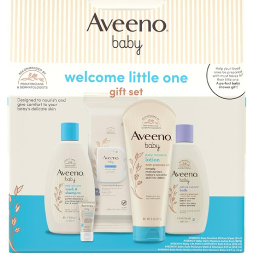 Aveeno Baby Welcome Little One Gift Set, Skincare Set with Nourishing Body Wash & Shampoo, Calming Bath Wash, All Over Wipes, Daily Moisturizing Lotion, & Balm, 5 Items