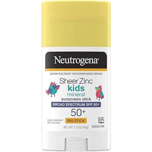 Neutrogena Sheer Zinc Oxide Kids Mineral Sunscreen Stick, Broad Spectrum SPF 50+ & UVA/UVB Protection & Water Resistant with Residue-Free, No-Mess Application, Oil- & Paraben-Free, 1.5 oz