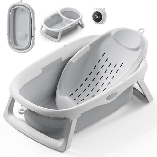 CheerTry 4-in-1 Collapsible Baby Bathtub for Newborn & Toddler 0-24M (Grey)