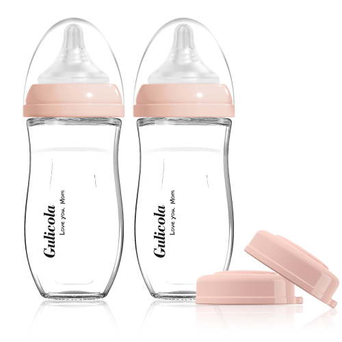Gulicola Natural Glass Baby Bottle 8 oz for Breastfed Babies, Anti-Colic Baby Bottle Set with Medium Flow Nipple, 3 Months +, 2 Pack