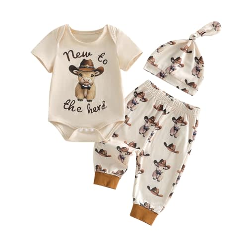 Western Baby Boy Summer Clothes Short Sleeve Highland Cow Print Romper Pants Hat Set Cowboy Newborn Coming Home Outfit