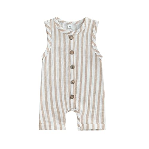 Infant Baby Boys Girls Cotton Linen Jumpsuits Sleeveless Button Down Striped Short Overalls Romper Summer Fall Outfits