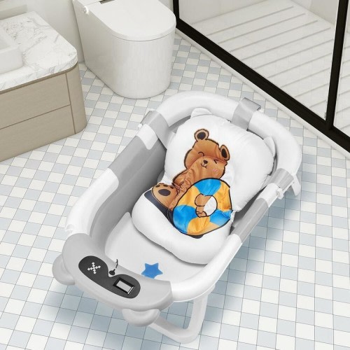 Playpals Collapsible Baby Bathtub with Thermometer Portable Tub Grey