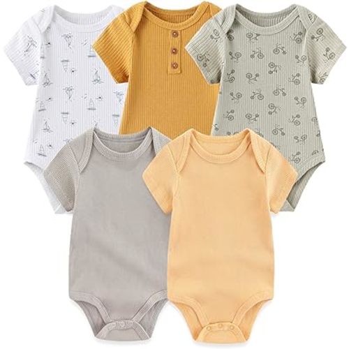 Newborn Baby Short Sleeve Bodysuit Cotton One-Piece Baby Clothes 5-Pack, 0-12 Months