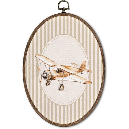 FLAWAFLOMA Vintage Aircraft Nursery Oval Wall Art Decor, Kids Room Canvas Wall Art Framed, Retro Airplane Hanging Decorations for Kids Toddler Boy Girl Nursery Room Playroom Decor, 8.6x11.4 Inch