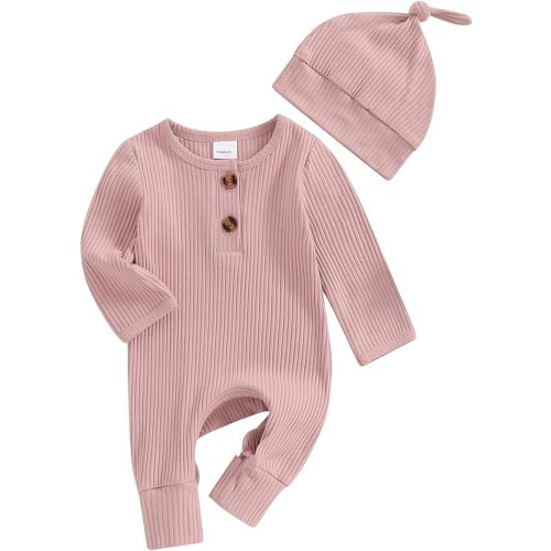 Infant Boys Girls Clothes Set Newborn Baby Romper Hat Ribbed Knit Long Sleeve Button Solid Bodysuit Jumpsuit