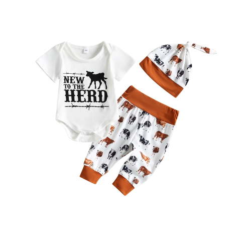 Western Newborn Baby Boys Cowboy Outfits Cow Print Letter Bodysuit+Long Leggings+Cap 3pcs Infant Boy Country Clothes Summer Clothes