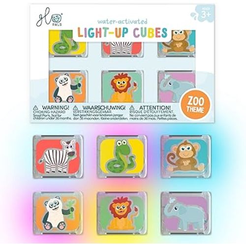 Glo Pals Water-Activated Light-Up Cubes for Bathtime and Sensory Play - Includes 6 Reusable Light-Up Cubes - Sensory Toys and Glowing Bath Cube for Kids and Toddlers - Zoo