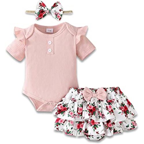 Infant Baby Girl Clothes Toddler Summer Outfits for Girls Shorts Set Cute Ruffle Sleeve Floral Shorts with Headband 3PCS
