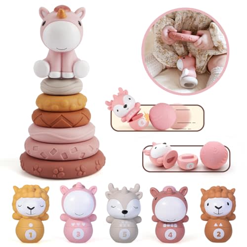 Nueplay 7 Pcs Baby Stacking Toys & 8 Pcs Kids Bowling Toys Set, Squeeze Teething Baby Toys & Learning Toys, Newborn Essentials for 6 12 18 Months Baby Toddler Girls
