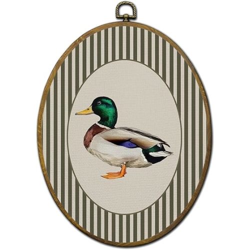 QZQE Vintage Mallard Duck Nursery Oval Wall Art Decor Framed, Farm Animal Nursery Oval Canvas Prints, Green Striped Farmhouse Duck Wall Hanging Decor for Kids Room Bedroom Playroom, 8.6x11.4 Inch