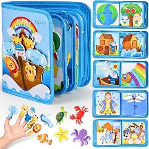 Esjay Busy Board Bible Busy Book for Toddlers, Montessori Toys 1 2 3 Year Old Toddler Baby, Noah's Ark Toy Baptism Birthday Gifts for Boys Girls, Learning Educational Activity Book for Travel Airplane