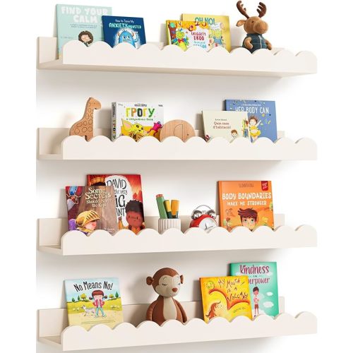 Scalloped Wall Bookshelves for Nursery, Floating Wooden Book Shelves for Kids Room, White Nursery Shelves for Wall, Baby & Toddler Room Decor