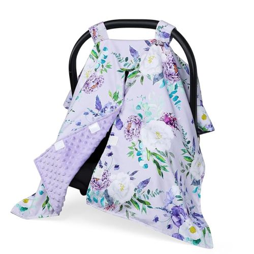 Car Seat Cover Baby, Peekaboo Opening Carseat Covers Baby Girl, Warm Minky Infant Car Seat Canopy, Multi-Use Cover Protecting Baby from Wind, Sun, Strangers Purple Floral