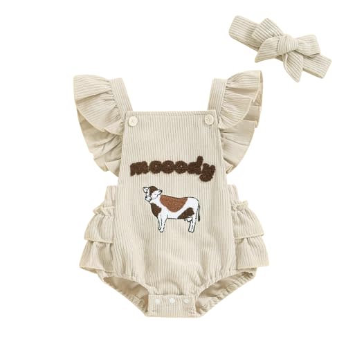 Newborn Baby Girl Ruffle Romper Farm Sleeveless Cow Print Corduroy Overalls Onesie Jumpsuit Matching Summer Clothes