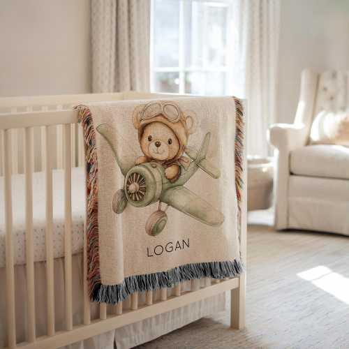 Personalized Little Pilot Teddy Bear Baby Blanket, Custom Name Green Airplane Nursery Throw, Aviator Baby Bedding, Baby Shower Gift