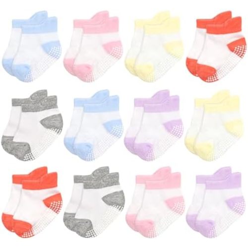 GRPSKCOS Non Slip Toddler Baby Socks 12 Pairs Anti Skid Ankle Socks for Girls Boys Grips Sock for 0-7 Years Children