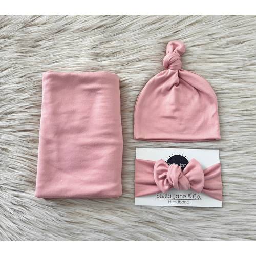 Blush Baby Swaddle Set, Knot Hat or Headband, Newborn Photo Prop