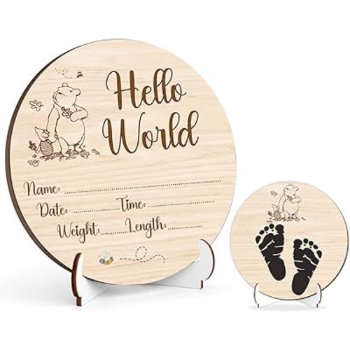 Winnie Baby Wooden Newborn Birth Sign, Winnie Hello World Newborn Signs, Pooh Double Sided Hello World for New Mom Babies Decor, Babies Name Plaques Photography Prop, Pooh Baby Announcement Sign