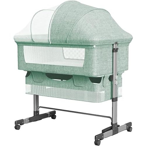 Portable Baby Bassinet with Adjustable Height, Breathable Mesh, Removable Canopy, Compact Design for Nursery and Travel, ASTM Certified, Newborn to Toddler,Green
