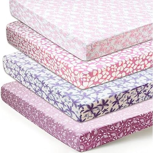 Stretchy Fitted Crib Sheet for Unisex Baby 4 Pack for 52 * 28 inches Standard Crib and Toddler Mattress,Breathable and Ultra Soft Baby Sheet,Leaves Pattern