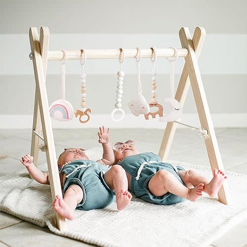 Wooden Baby Gym with 6 Gym Toys, Foldable Baby Play Gym, Natural Pine Wood Play Gym, Frame Activity Center Hanging Bar, Wooden Play Gym