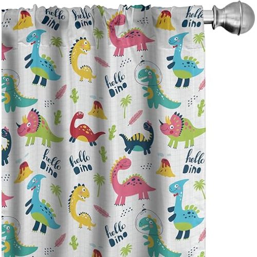 Lunarable Dinosaur Curtains, Hello Dino Typography with Funky Creatures and Plant Elements Dots Happy Theme, Window Treatments 2 Panel Set for Living Room Bedroom, Pair of - 28" x 63", Yellow Pink
