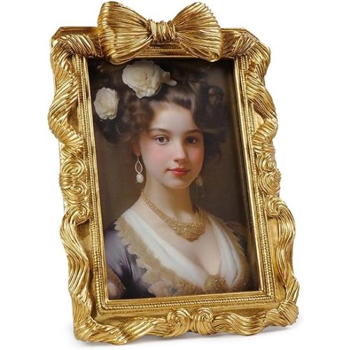 Cuspin 4x6 Picture Frame Gold Bow Frames, Vintage 4 by 6 Photo Frame with Bowknot Design, Ornate Handcrafted Resin Antique Frame with Glass Front for Wall and Tabletop Display, Home Decor, Gift Ideas