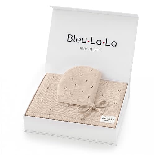 Bleu La La Organic Pointelle Baby Blanket + Hat Gift Set for Boys & Girls - 100% Soft Luxury Cotton Swaddle Blanket + Bonnett Registry for Newborns & Infants (Oatmeal + Hat)